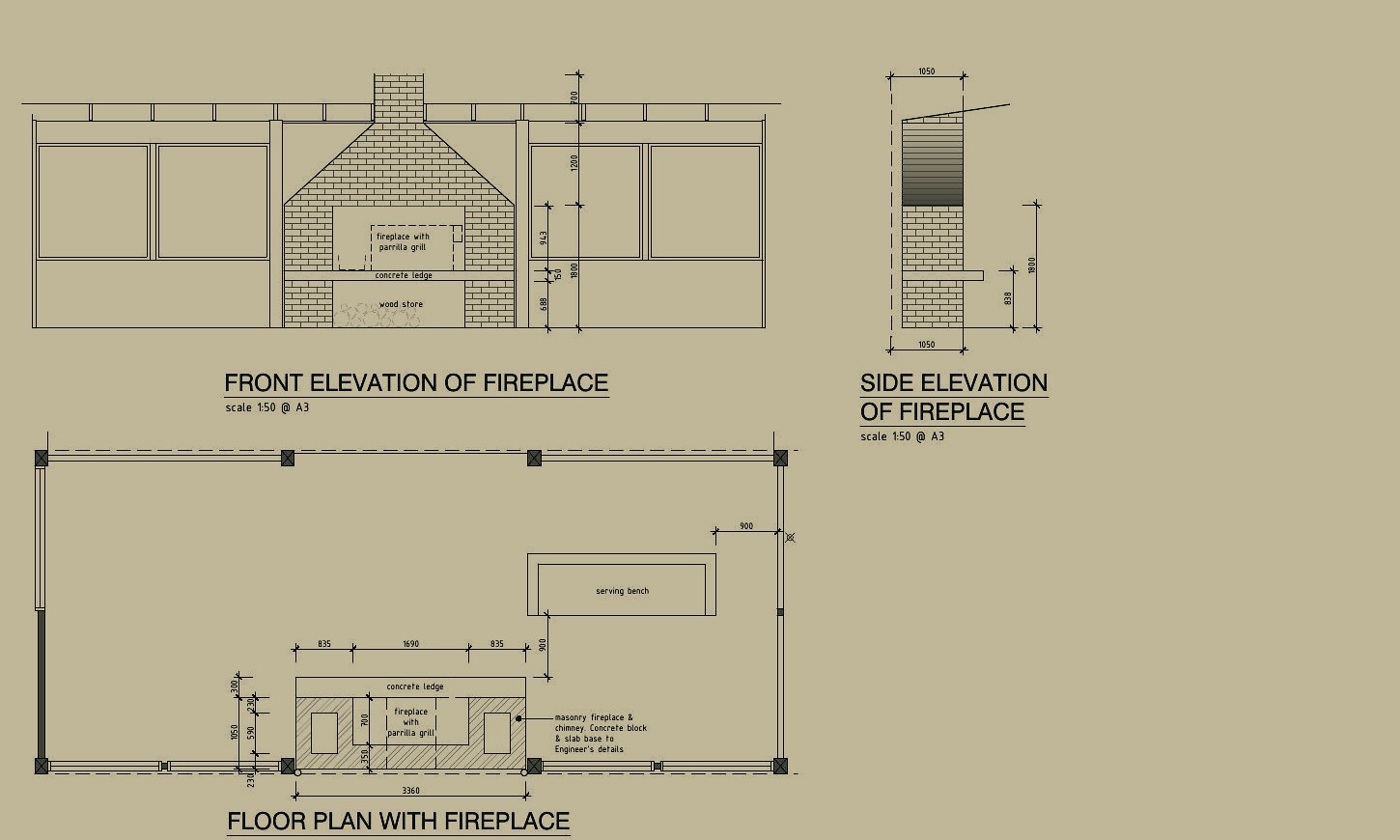 Privacy-cropped fireplace and parrilla construction detail for Main Ridge